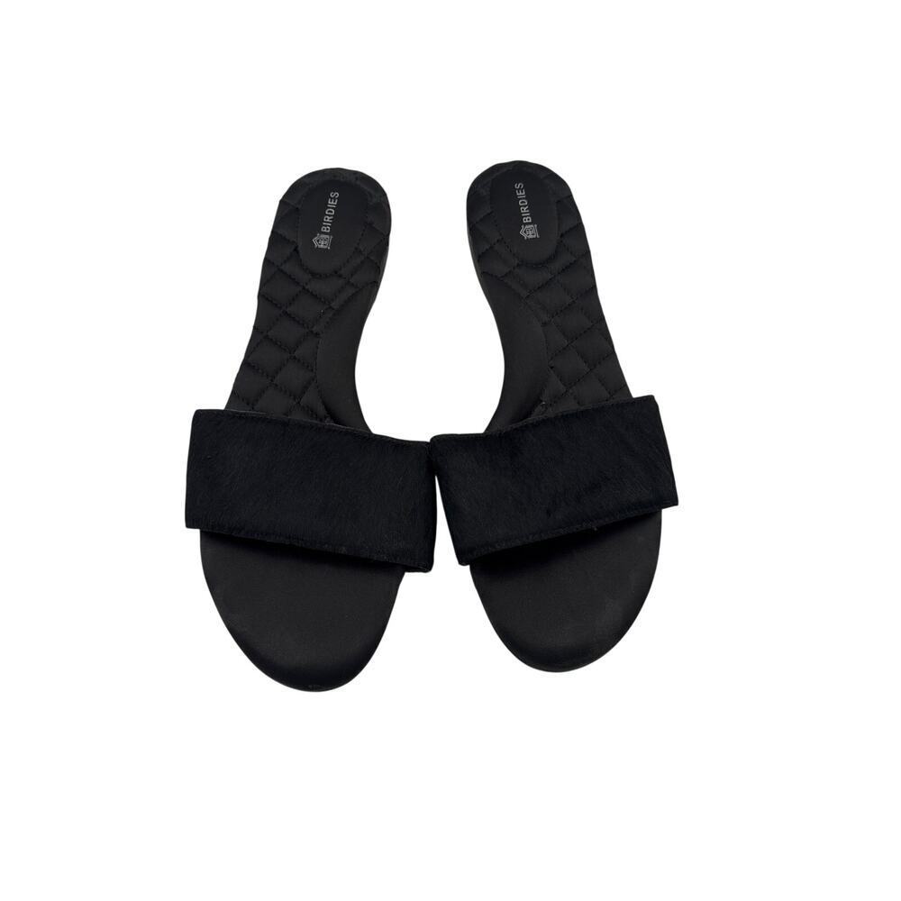 Women’s Birdies Size 6 Black Fur & Satin Slip On Sandals